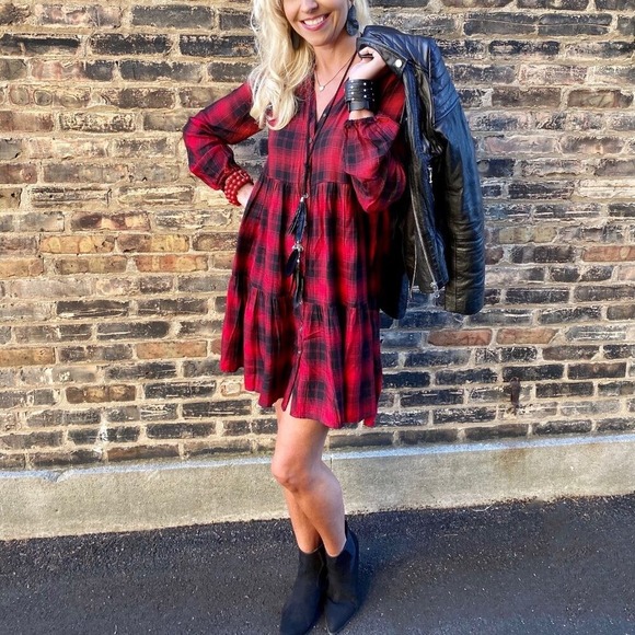 Knox Rose Small Red Black Boho Dress Tunic Buffalo Plaid Festive Christmas Cabin - Picture 2 of 10